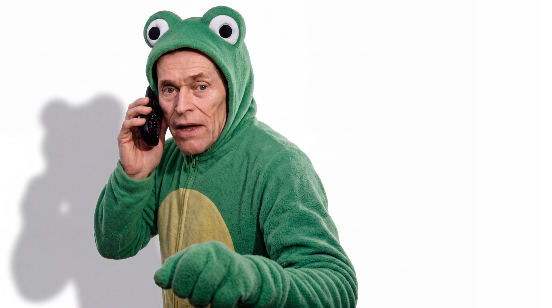Norman Osborn in a frog costume, taking a call